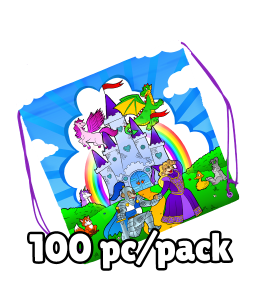 Vibrant Backpack with castle and fantasy drawing of knight, princess, dragon and a pegasus