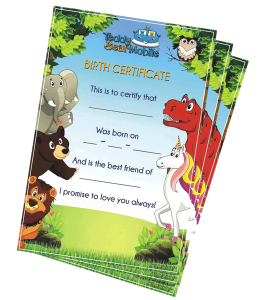 Colorful adoption certificates with animals and scenery