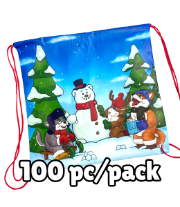 Drawstring backpack with wintery scenery and red dawstrings