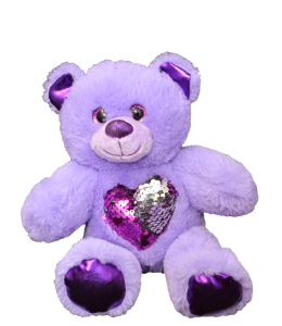 Soft purple teddy bear with sparkly eyes and sequin heart on its' tummy