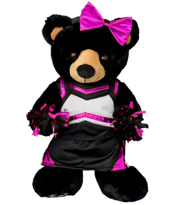 Adorable cheer outfit with matching hot pink and black pompoms, cheer bow, and spankies