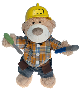worker bear in a worker outfit complete with a yellow helmet