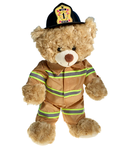 cute bear dressed in a full firefighter uniform
