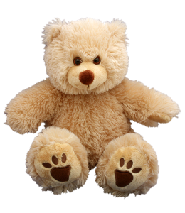 A cute fluffy teddy bear with bear paw prints on his feet!