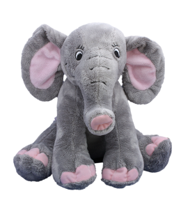 Soft and cuddly elephant toy in light grey with pink accents