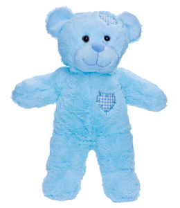 An adorable baby blue patches fluffy teddy bear with a heart shaped patch on its head, tummy and one foot