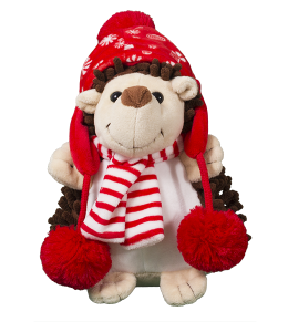 Festive hedgehog in a red and white striped scarf and a cute red hat with poms