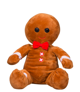 Gingerbread man full of fluff and a red tie with button accents to match the style, it has embroidered eyes