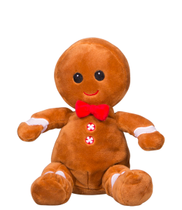 Gingerbread man full of fluff and a red tie with button accents to match the style, it has embroidered eyes