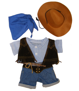 Cool cowboy outfit with blue checkered shirt, jeans. vest. blue bandana and a cool brown cowboy hat