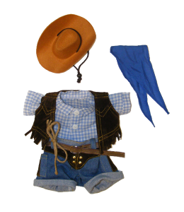Cool cowboy outfit with blue checkered shirt, jeans. vest. blue bandana and a cool brown cowboy hat
