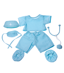 light blue doctor outfit with hat, mask and stethoscope