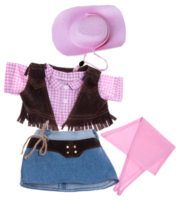 Cowgirl outfit with pink checkered shirt and brown vest, denim skirt, cute small lasso, pink bandana and pink cowboy hat