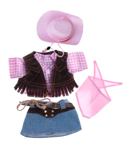 Cowgirl outfit with pink checkered shirt and brown vest, denim skirt, cute small lasso, pink bandana and pink cowboy hat