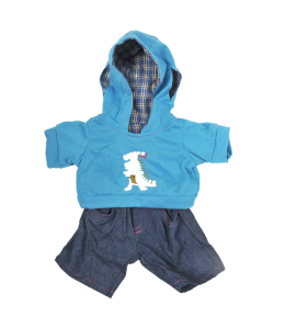 Blue hoodie with a dinosaur print on front and denim jeans
