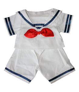 sailor outfit in white with blue accents and a bright red bow