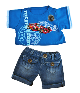 Blue T-shirt with racecar graphics and denim jeans with copper buttons