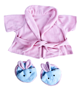 Soft pink bathrobe with blue bunny slippers