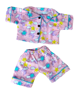 Cute pink PJ's with sun, moon and cloud drawings on them