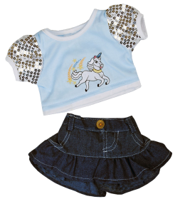 Baby blue T-shirt with a unicorn print and glitter sleeves and a blue denim skirt