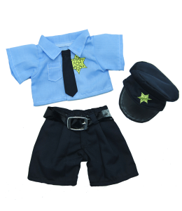 Policeman uniform with blue shirt with a star on it and a black tie, with pants complete with buckle and full policeman hat