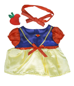 Beautiful princess dress in red, blue and gold, complete with a red ribbon and a slightly bitten red apple