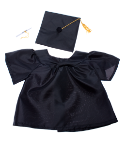 Graduation gown in black with yellow accents, complete with a hat and a diploma