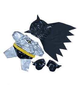 Batboy costume in shiny grey with black accents and a black mask that is also a cape! Complete with black mittens