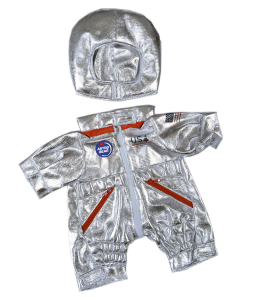 Silver Astronaut costume with a helmet and red accents