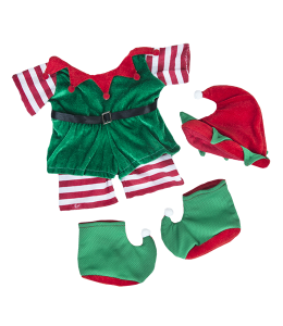 Festive elf costume in green with red and white accents, red elf hat and cute green boots
