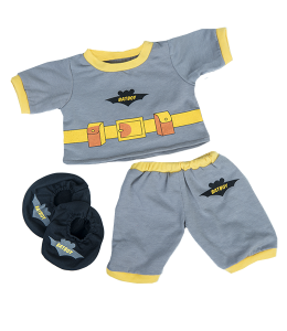 Batboy PJ's in Grey with a bat logo and yellow accents, paired with cute black slippers