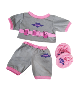Batgirl PJ's in Grey with a bat logo and pink accents, paired with cute pink slippers