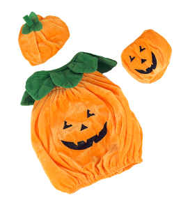 Cute halloween pumpkin outfit in orange with green accents and jack-o-lantern face printed on front with a pumpkin hat and trick or treat bag
