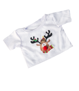 White T-Shirt with reindeer print on it and a red puff nose as an accent