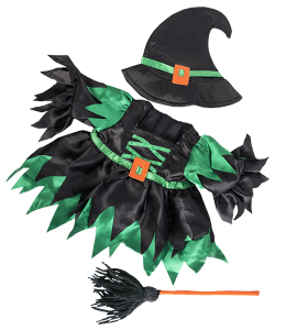 black witch costume with green detailing, complete with a black hat and a broom