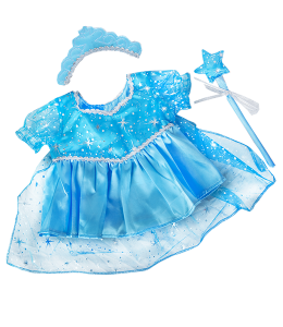 sparkly blue dress with gown, blue tiara and a blue wand