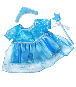 sparkly blue dress with gown, blue tiara and a blue wand