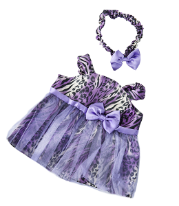 Purple dress with leopard print and a bow, coupled with a bowtie with a bow