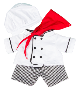 Adorable white chef costume with black detailing, black plaid pants and red bandana