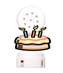 white sound module with a birthday cake graphic