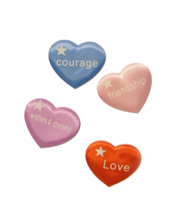colorful hearts with courage, friendship, wishes and dreams, love printed on them