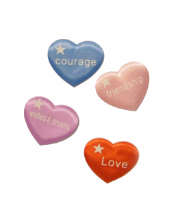 Colorful Heart inserts with various words printed on them