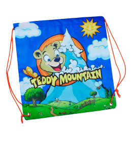 Blue drawstring bag with orange strings and teddy mountain logo