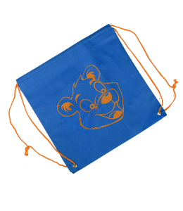 Blue drawstring bag with orange strings and bear graphic on top