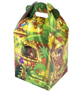 Carry home box with vibrant green jungle themed graphics