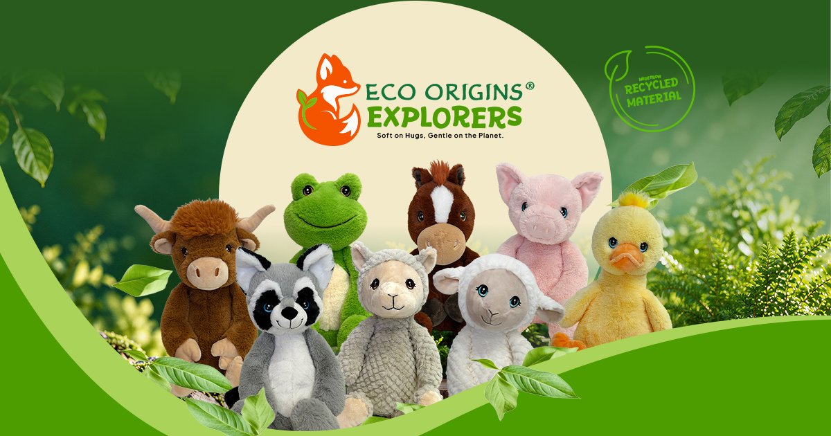 ECO-Origins® Explorers sustainable DIY plush collection by Teddy Mountain, featuring animal plush toys made with recycled materials in a nature-inspired setting.