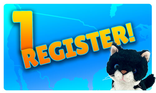 Step 1 register text over a blue background and a plush toy cat
