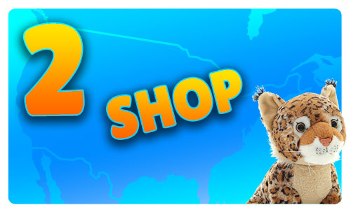 2 shop text over a blue background and a plush toy leopard