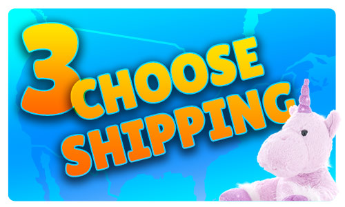 3 choose shipping over a blue background and a plush toy unicorn