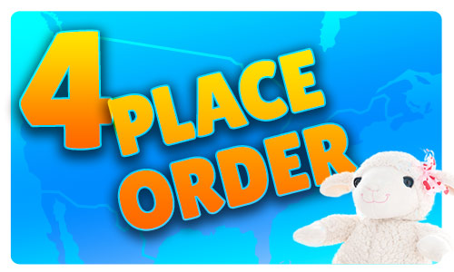 4 place order over a blue background and a plush toy lamb